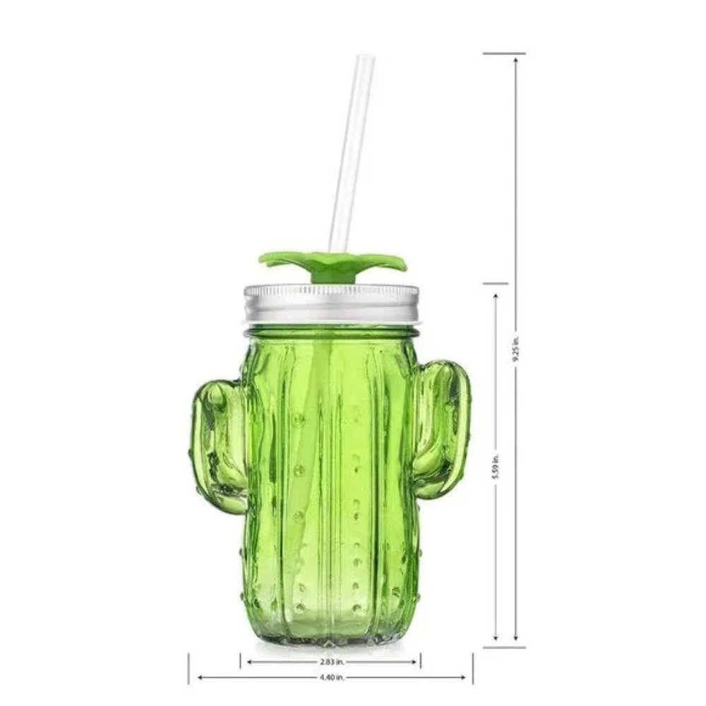 Cabana Cactus Sipper Green Glass with Straw 13.5oz.